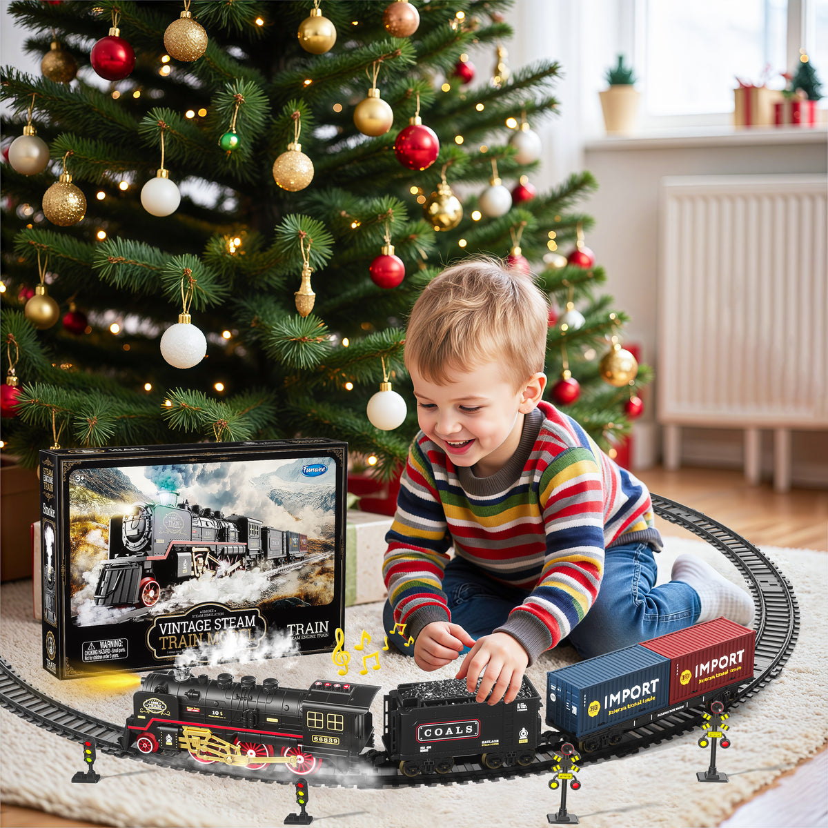 Funwee Train Set with Smokes,Lights and Sound for Under Christmas Tree