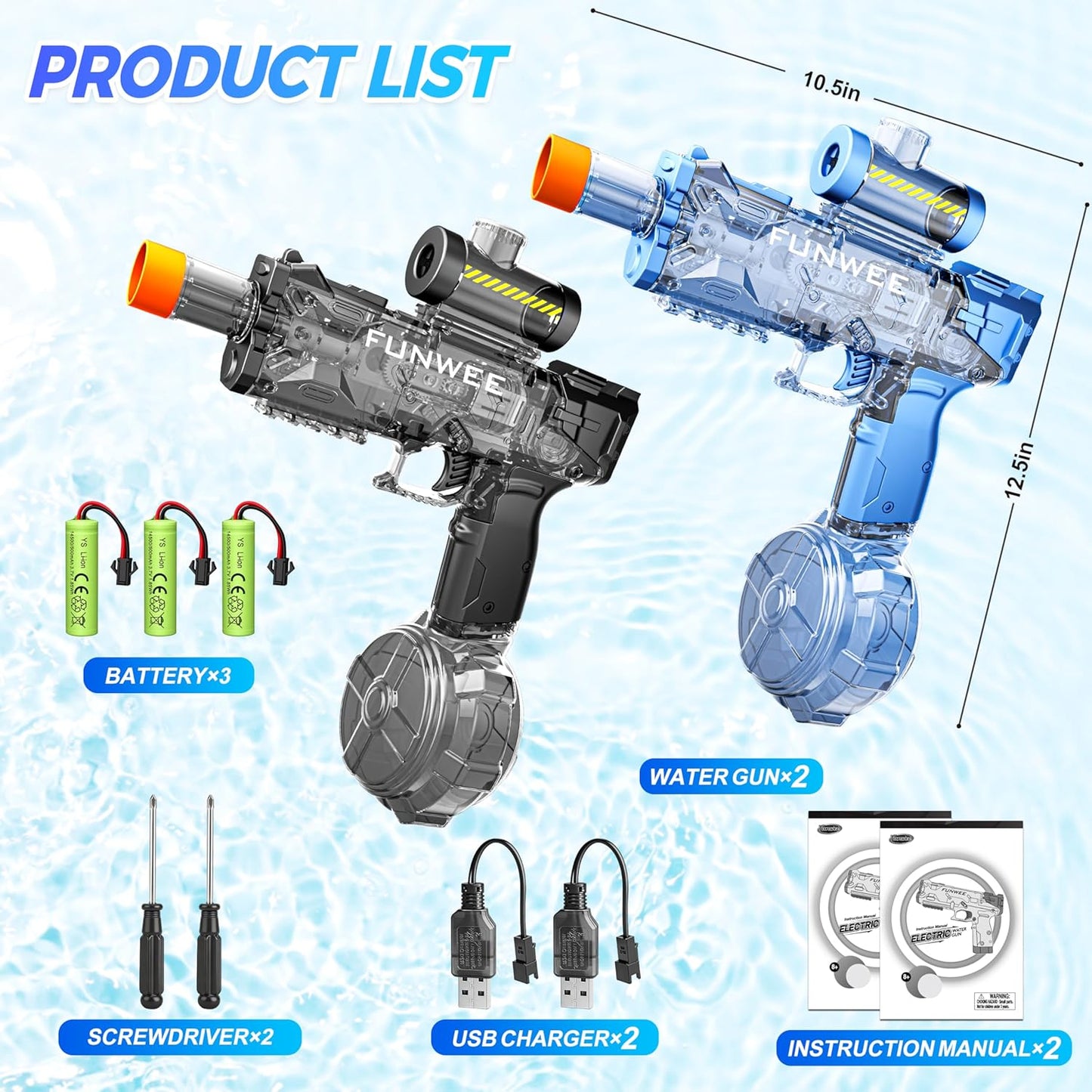 Funwee Electric Water Guns 2 Pack, Light Up Automatic Squirt Gun for Kids & Adults, Most Strongest Water Blaster, Powerful High Powered Fully Auto Blaster, Swimming Pool Outdoor Toy (Black+Blue)