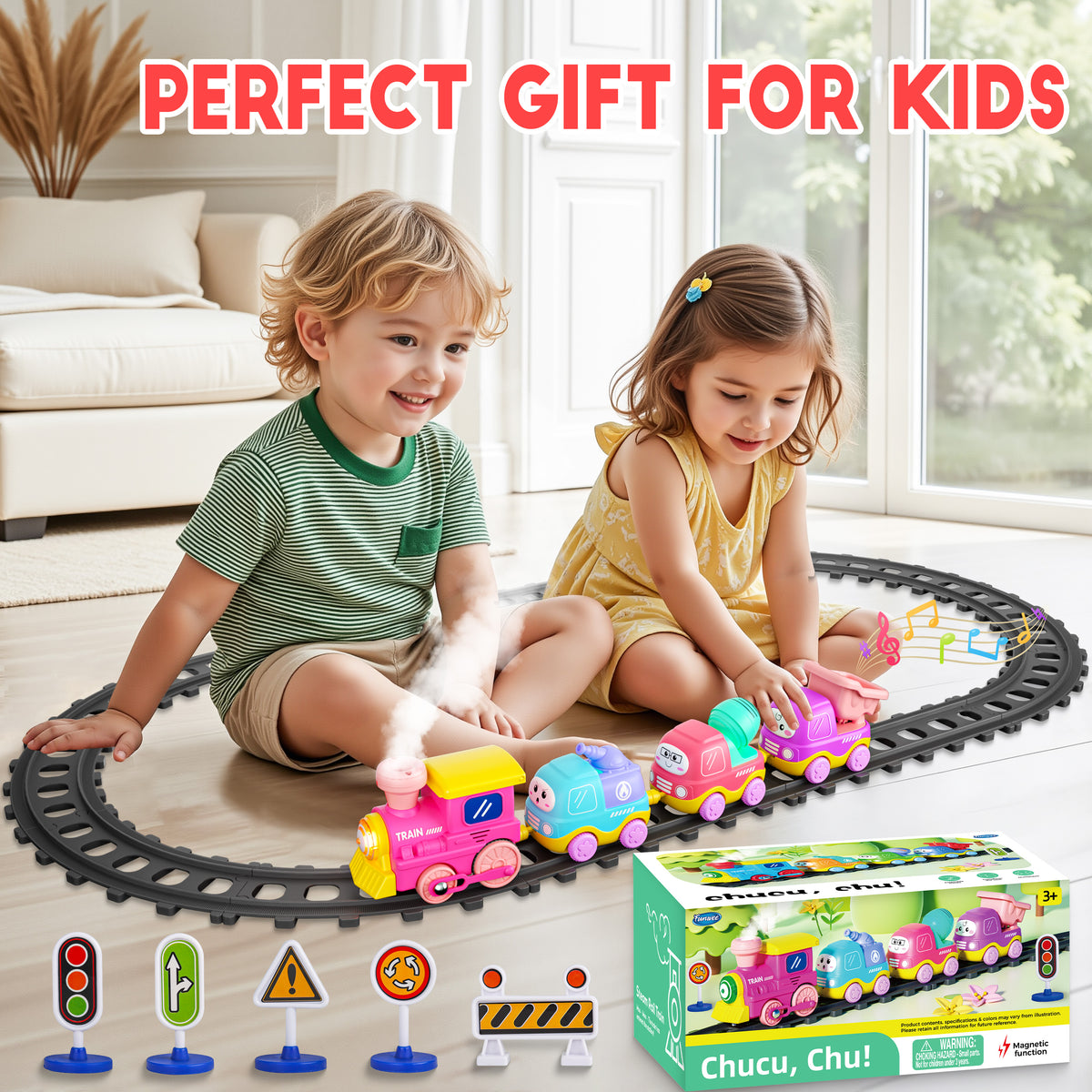 Funwee Magnetic Steam Train Toy Toddlers Set with Light & Music