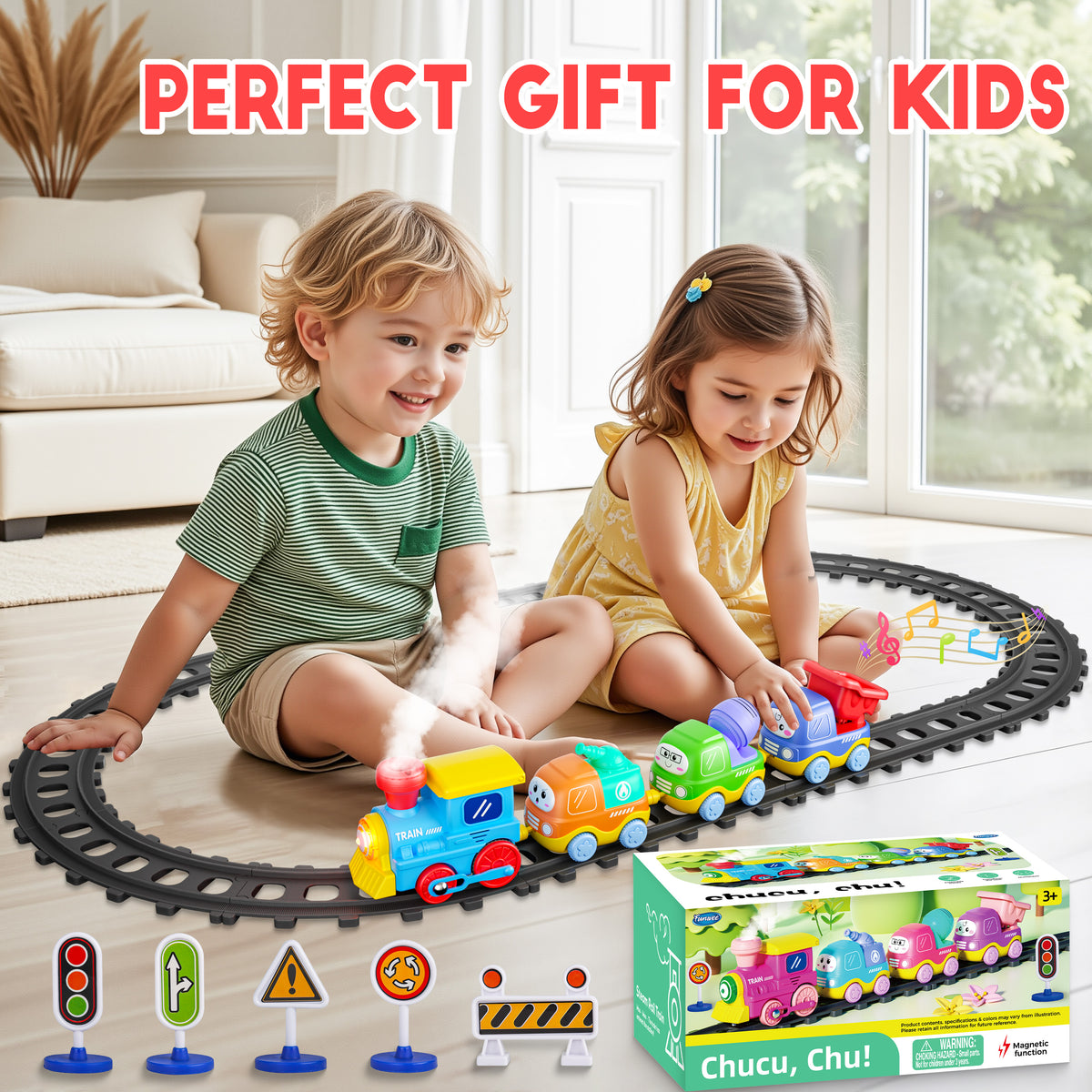 Funwee Magnetic Steam Train Toy Toddlers Set with Light & Music