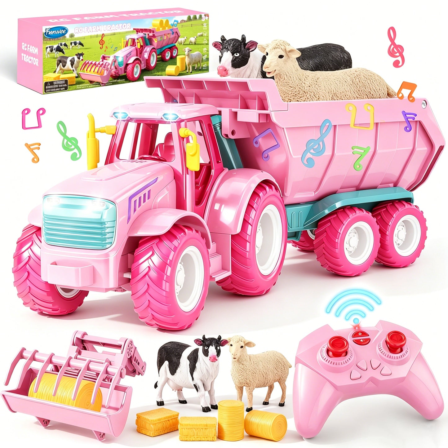 Funwee RC Farm Tractor Toy Playset with Loader, Trailer & Animals