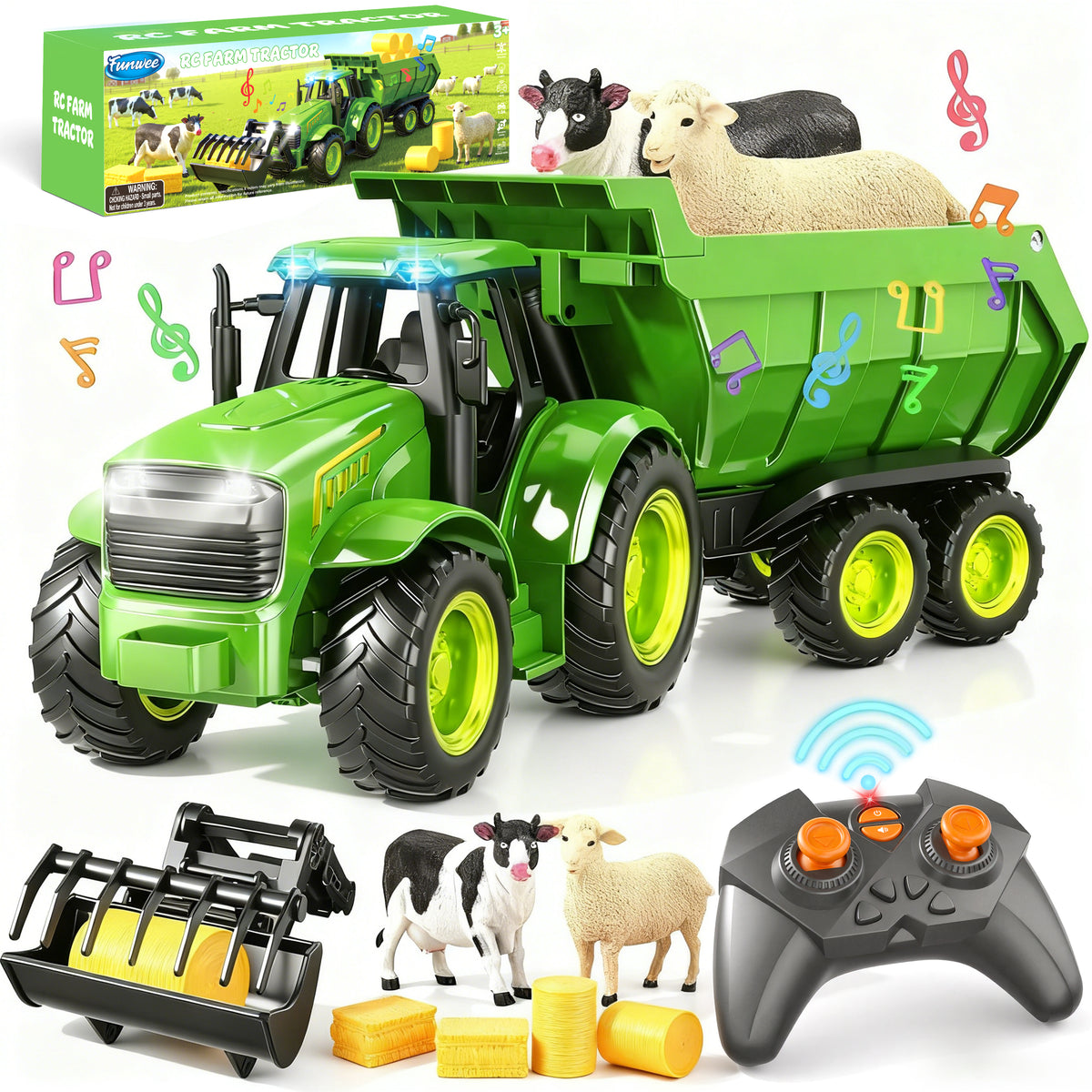 Funwee RC Farm Tractor Toy Playset with Loader, Trailer & Animals