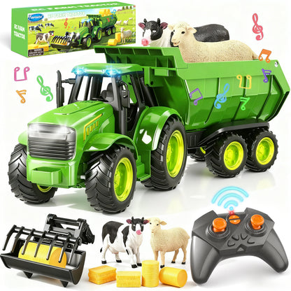 Funwee RC Farm Tractor Toy Playset with Loader, Trailer & Animals