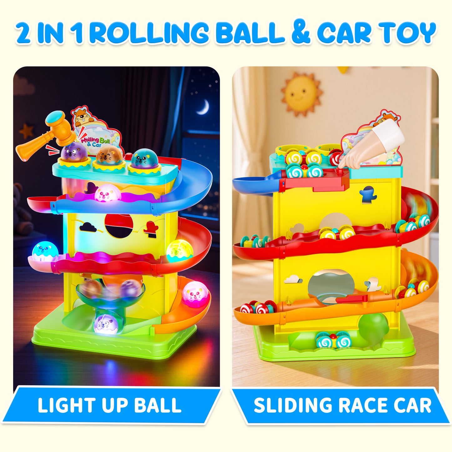 Funwee 2-in-1 Light Up Rolling Ball & Racing Car Ramp Toddler Toy