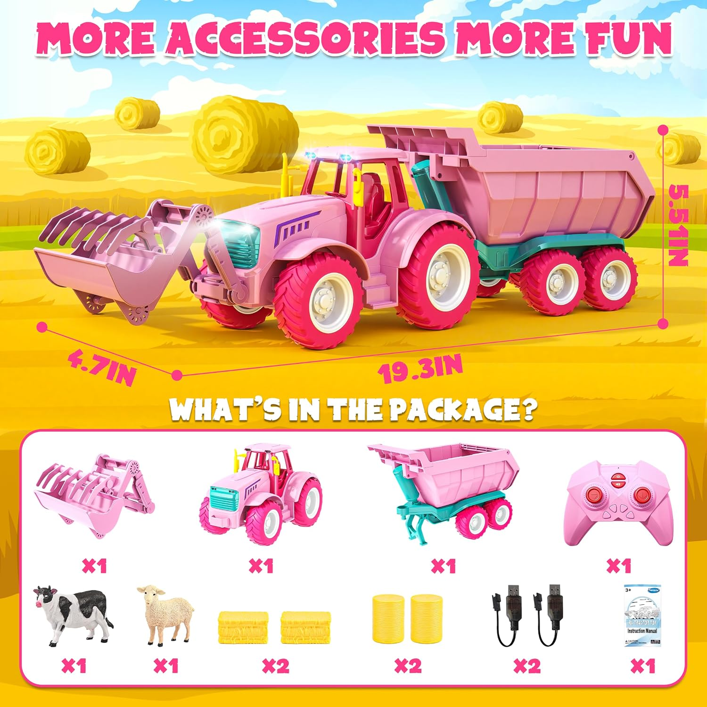 Funwee RC Farm Tractor Toy Playset with Loader, Trailer & Animals