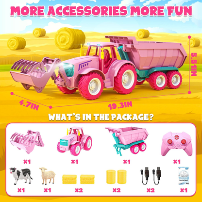 Funwee RC Farm Tractor Toy Playset with Loader, Trailer & Animals