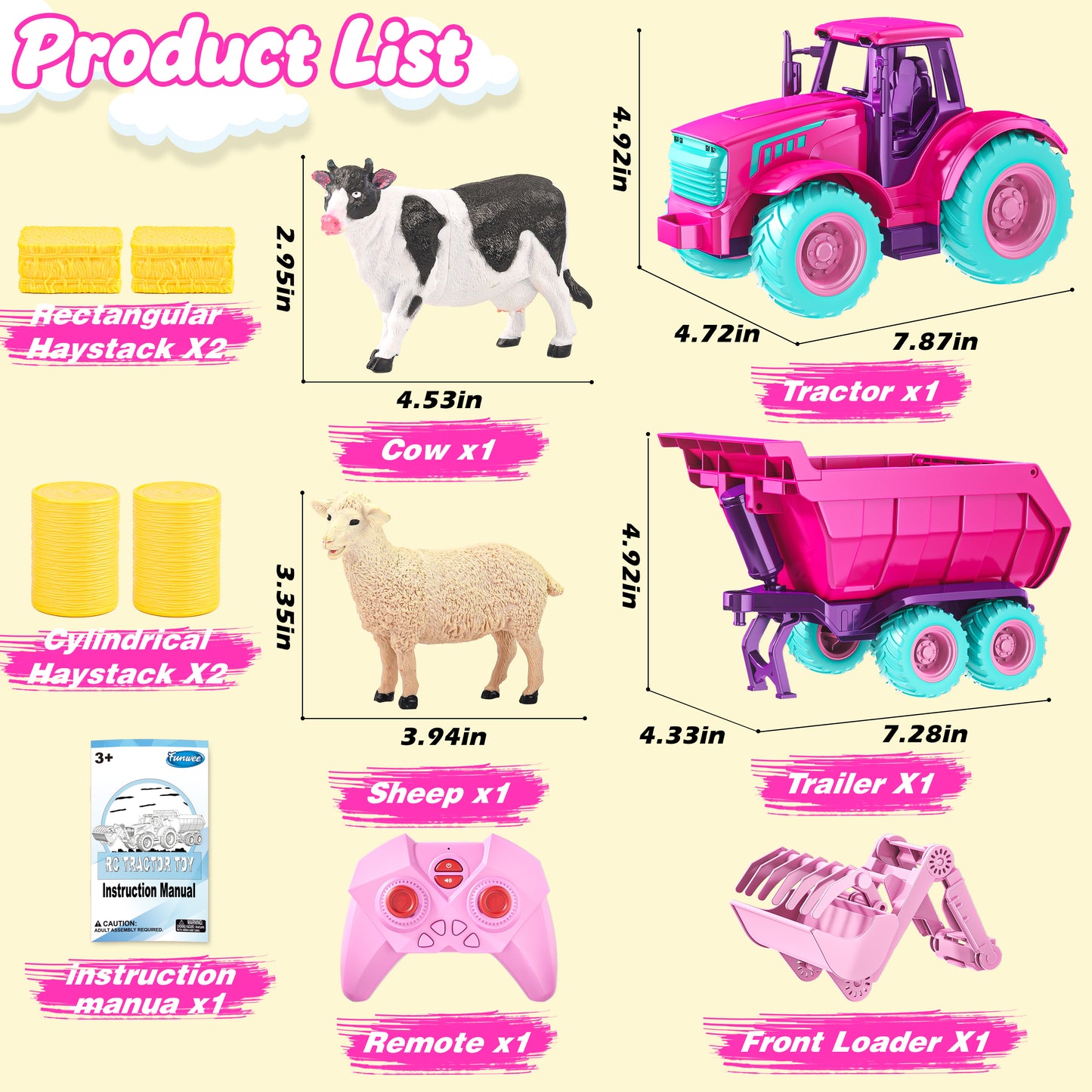 Funwee RC Farm Tractor Toy Set with Light & Sound