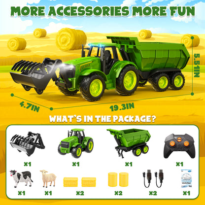 Funwee RC Farm Tractor Toy Playset with Loader, Trailer & Animals
