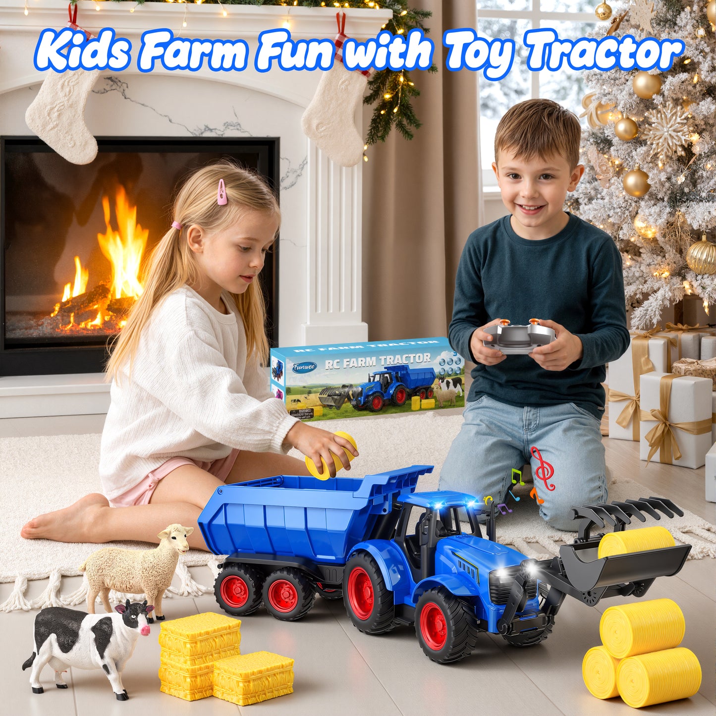 Funwee RC Farm Tractor Toy Set with Light & Sound