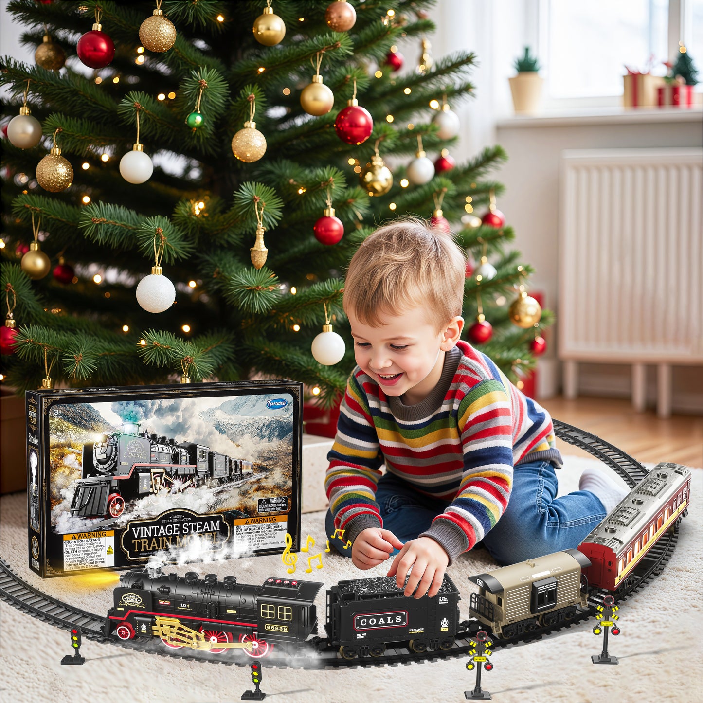 Funwee Electric Christmas Train Set with Smokes,Lights and Sound for Kids