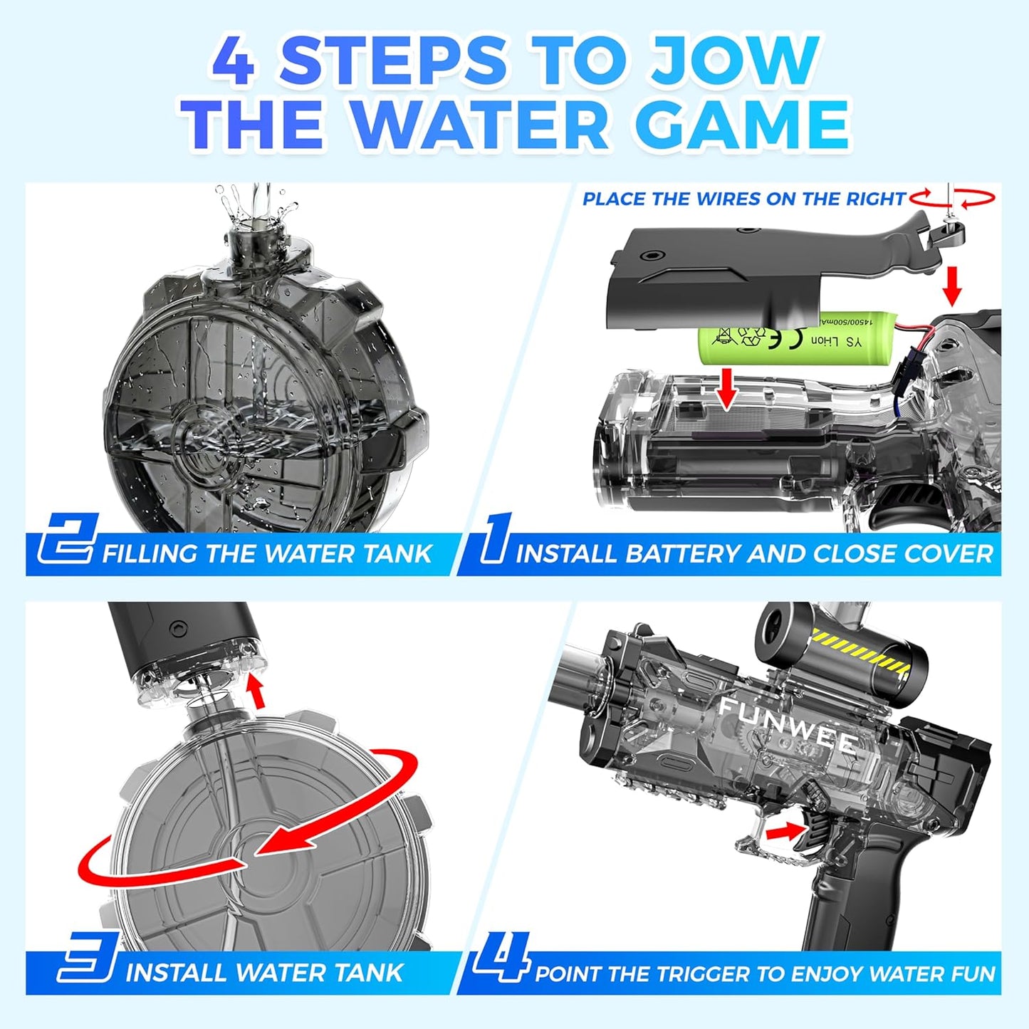 Funwee Electric Water Gun Toy for Kids & Adults, Light Up Automatic Squirt Gun, Most Strongest Water Blaster Long Range, Powerful High Powered Fully Auto Blaster, Swimming Pool Outdoor Toy