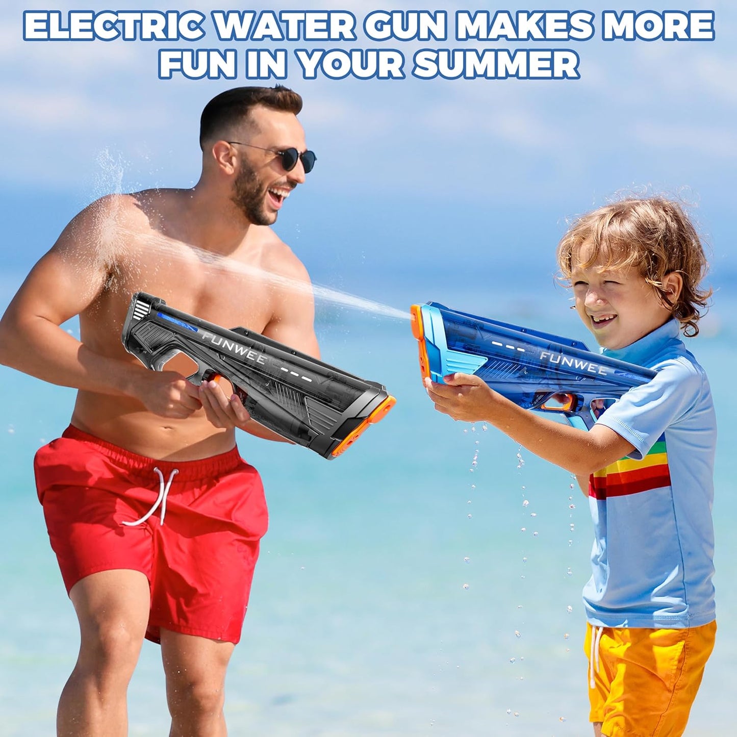Funwee 2 Pack Electric Water Gun for Adults Kid, Powerful Automatic Squirt Gun, High Powered Shooting 100+ Times, Long Range Auto Water Blaster, Pool Outdoor Water Toy(Transparent Black+Blue)