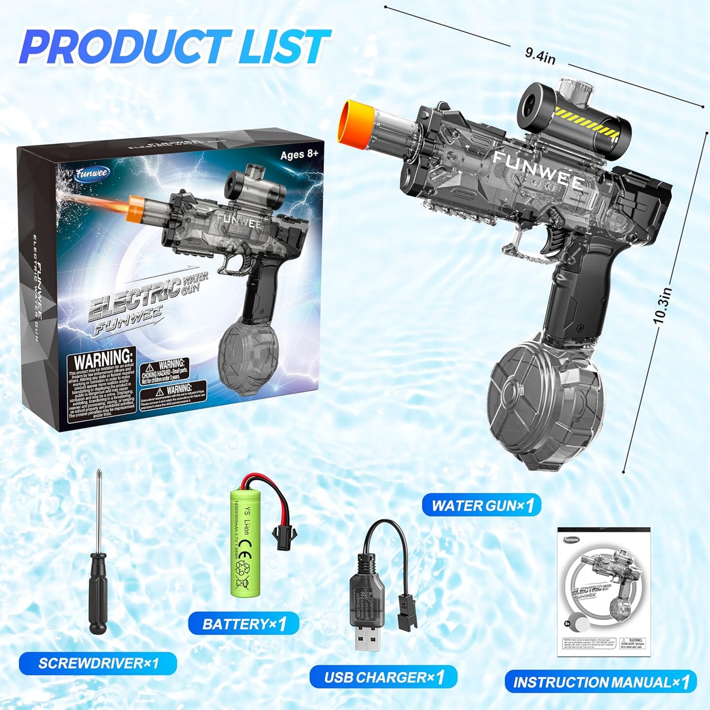 Funwee Electric Water Gun Toy for Kids & Adults, Light Up Automatic Squirt Gun, Most Strongest Water Blaster Long Range, Powerful High Powered Fully Auto Blaster, Swimming Pool Outdoor Toy