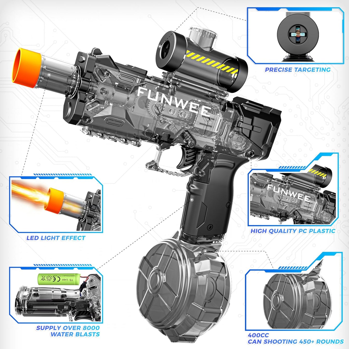Funwee Electric Water Gun Toy for Kids & Adults, Light Up Automatic Squirt Gun, Most Strongest Water Blaster Long Range, Powerful High Powered Fully Auto Blaster, Swimming Pool Outdoor Toy