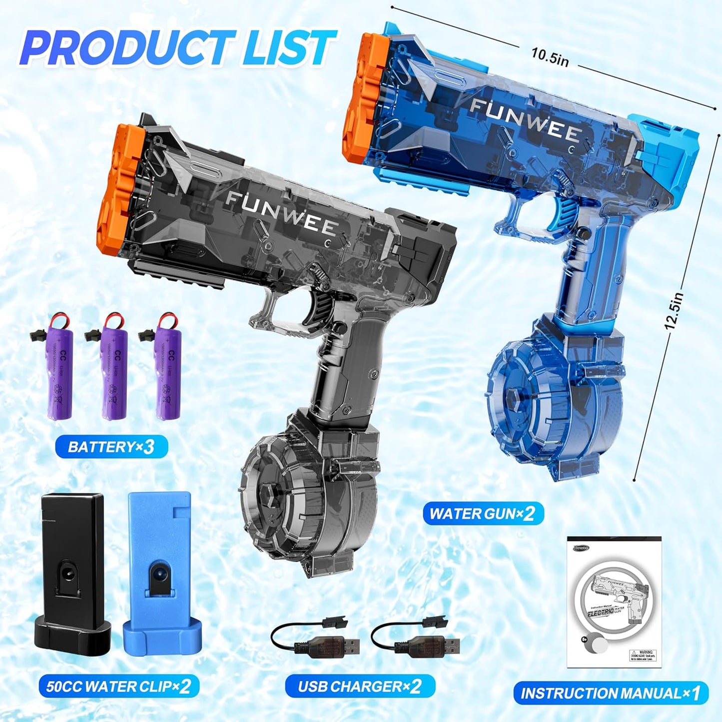 Funwee 2 Pack Electric Water Guns for Kids Adults, Long Range Powerful Water Squirt Gun, Strongest Full Automatic Water Gun Pistol High Capacity 400+ Water Blaster, Summer Outdoor Pool Watergun Toy