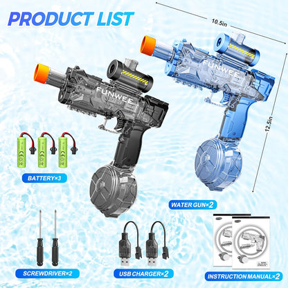 Funwee Electric Water Guns 2 Pack, Light Up Automatic Squirt Gun for Kids & Adults, Most Strongest Water Blaster, Powerful High Powered Fully Auto Blaster, Swimming Pool Outdoor Toy (Black+Blue)