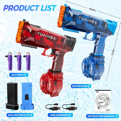 Funwee 2 Pack Electric Water Guns, Full Automatic Electric Squirt Gun High Capacity 500+ Water Blasts, Long Range Water Pistol Blaster Soaker, Summer Outdoor Pool Auto Water Toy for Adult Kid