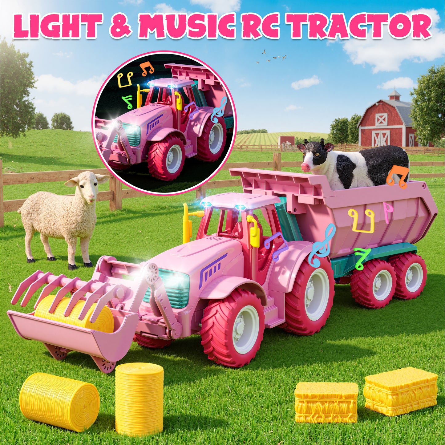 Funwee RC Farm Tractor Toy Playset with Loader, Trailer & Animals