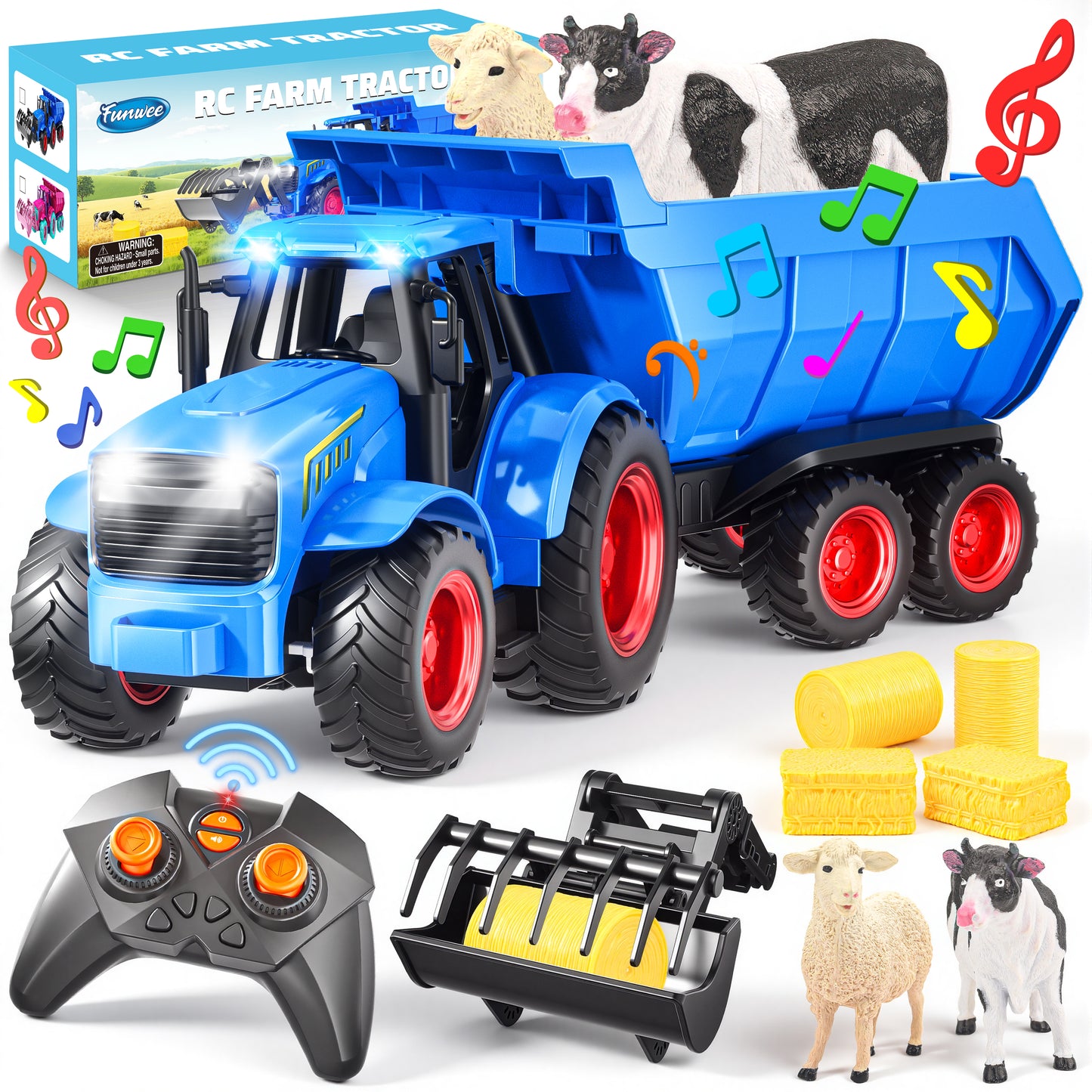 Funwee RC Farm Tractor Toy Set with Light & Sound